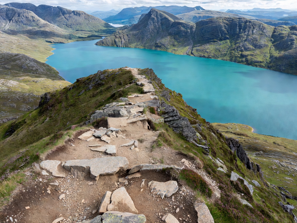 Expansive high fell trail climbing alongside a glacial lake in Northern Europe