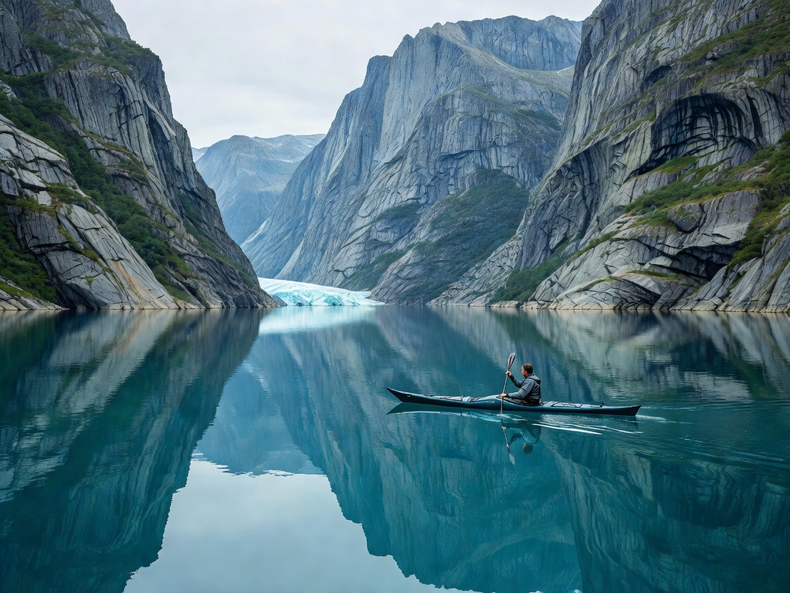 Kayaker on still glacial fjord water surrounded by towering Nordic granite walls