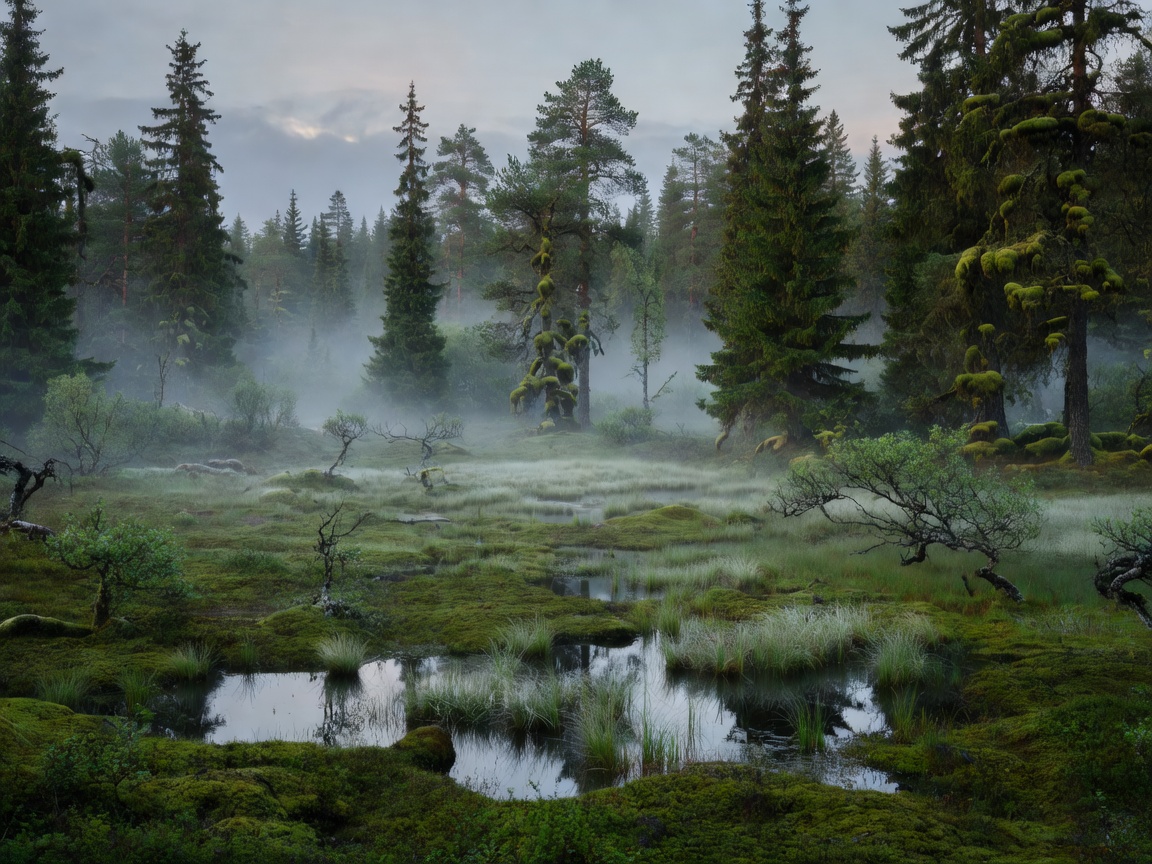 Misty pristine taiga forest and marshland in a Nordic national park