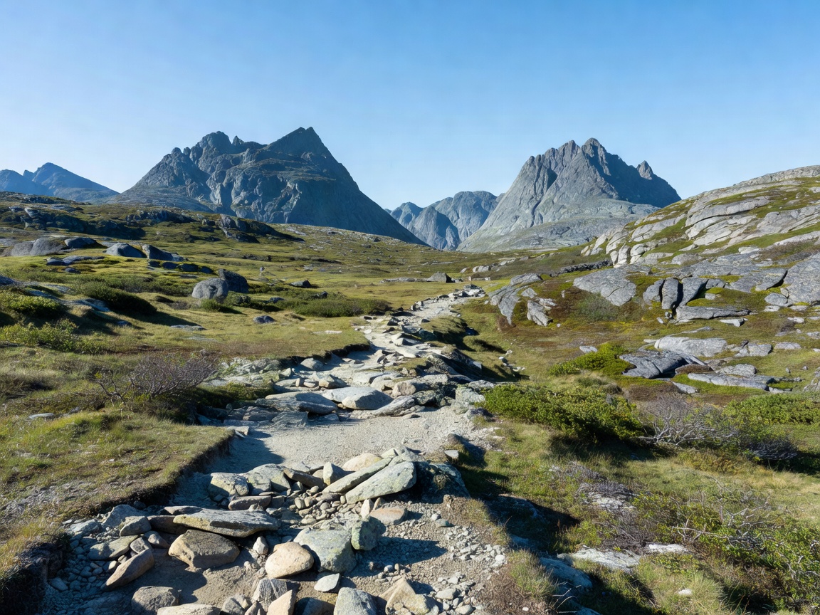 Rugged Nordic mountain trail leading toward distant granite peaks under open skies
