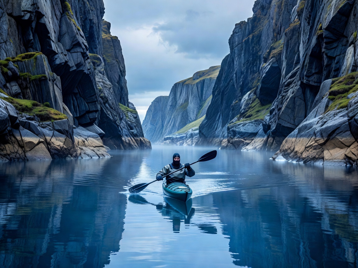 Sea kayaker navigating tranquil cold waters flanked by steep granite shoreline cliffs