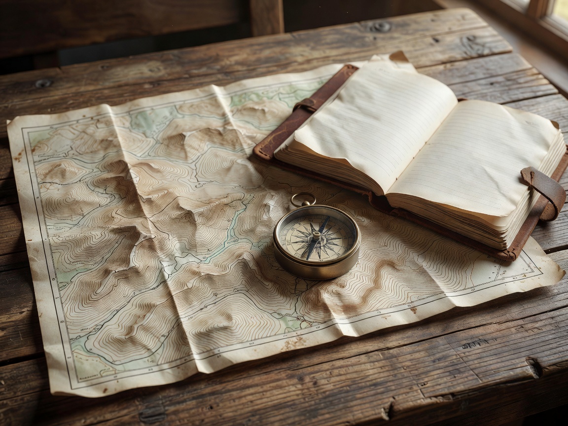 Topographic hiking map, compass and notebook resting on a rustic wooden table
