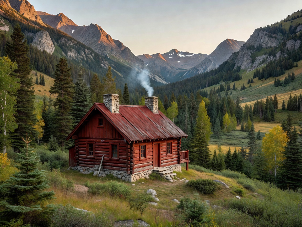 Traditional red timber mountain cabin nestled in a valley with stone chimneys